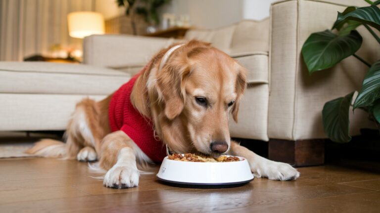 a photo of a golden retriever dog eating a meal at wgcDEfw6SkuVNHpXP4wb9g YxgFZJDfTn6niwYLo6dy0g