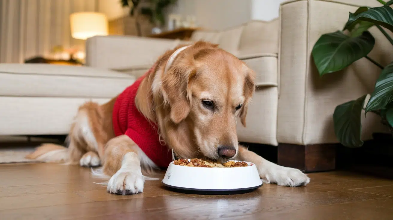 a photo of a golden retriever dog eating a meal at wgcDEfw6SkuVNHpXP4wb9g