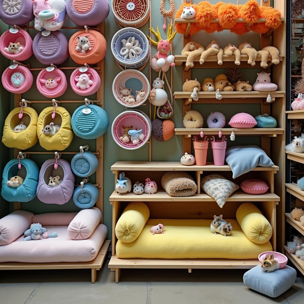 A colorful display of small animal accessories like hamster wheels, chew toys, and comfortable bedding in a pet shop