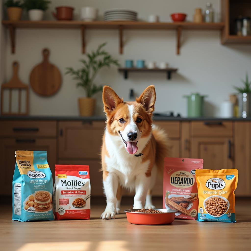 A cozy kitchen with an array of dog food brands labeled for sensitive stomachs and a happy dog eating from a bowl