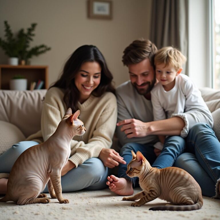 A cozy living room with a family sitting together, playing with different hypoallergenic cat breeds like Sphynx, Balinese, and Devon Rex