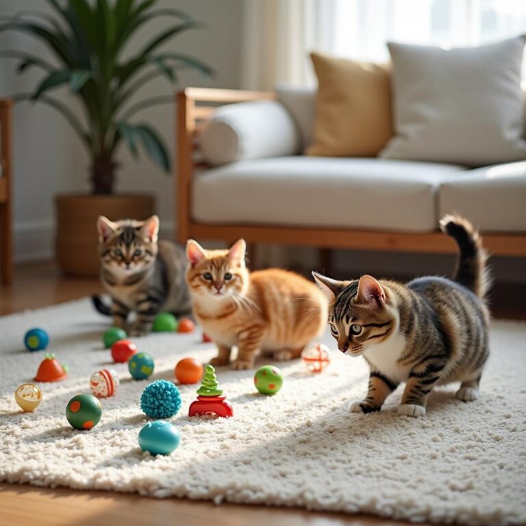 A variety of colorful and engaging interactive cat toys spread across a cozy indoor living room, with playful cats exploring