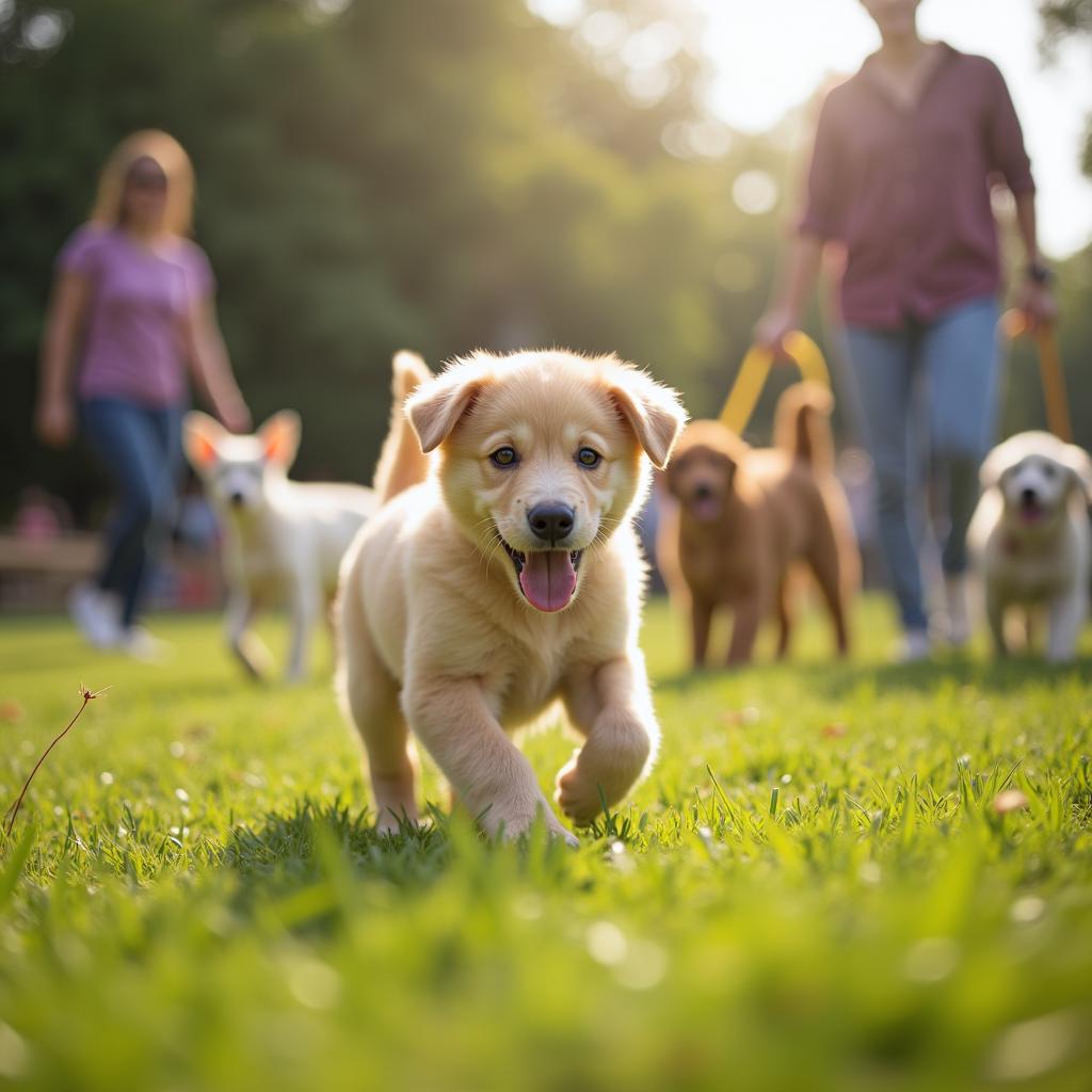 A puppy playing happily with other dogs in a dog park, surrounded by friendly owners and a sunny atmosphere