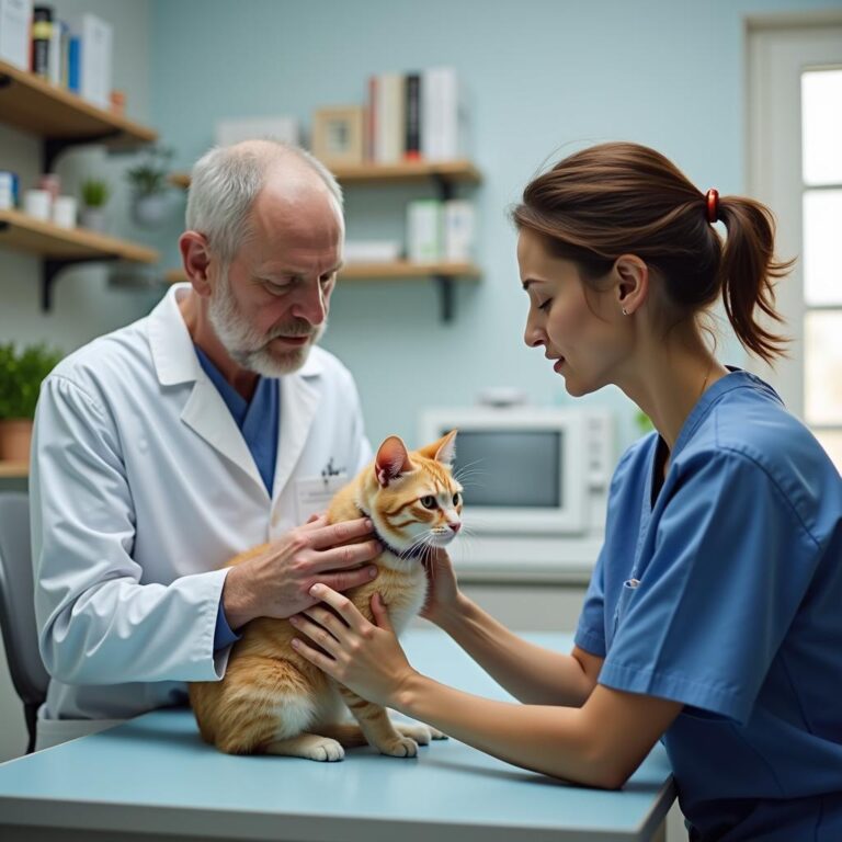 A calm veterinary office with a concerned owner bringing a cat for a check-up with the vet examining the cat