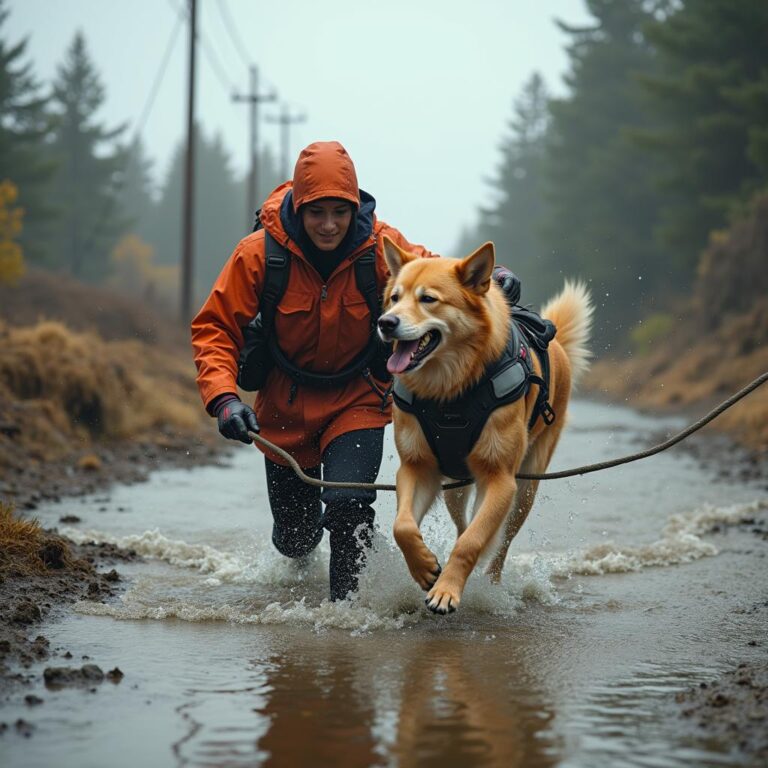 A heroic dog pulling its owner out of danger, with a dramatic, life-saving moment in a natural disaster setting