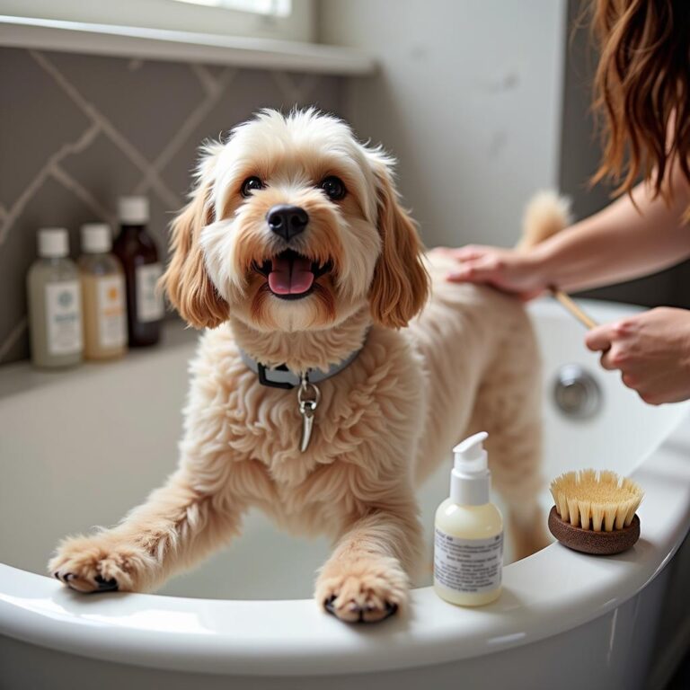 A dog in a bathtub getting groomed by its owner, with grooming tools like brushes and shampoo bottles visible