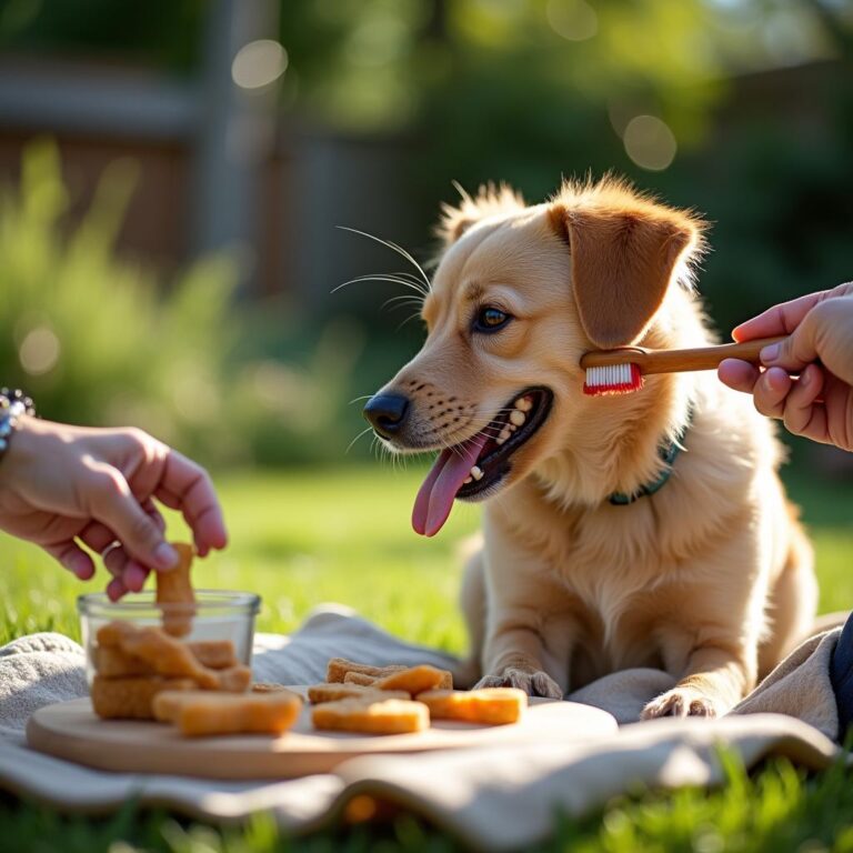 A pet brushing setup with natural dental chews and an owner brushing their dog’s teeth outdoors in a sunny garden