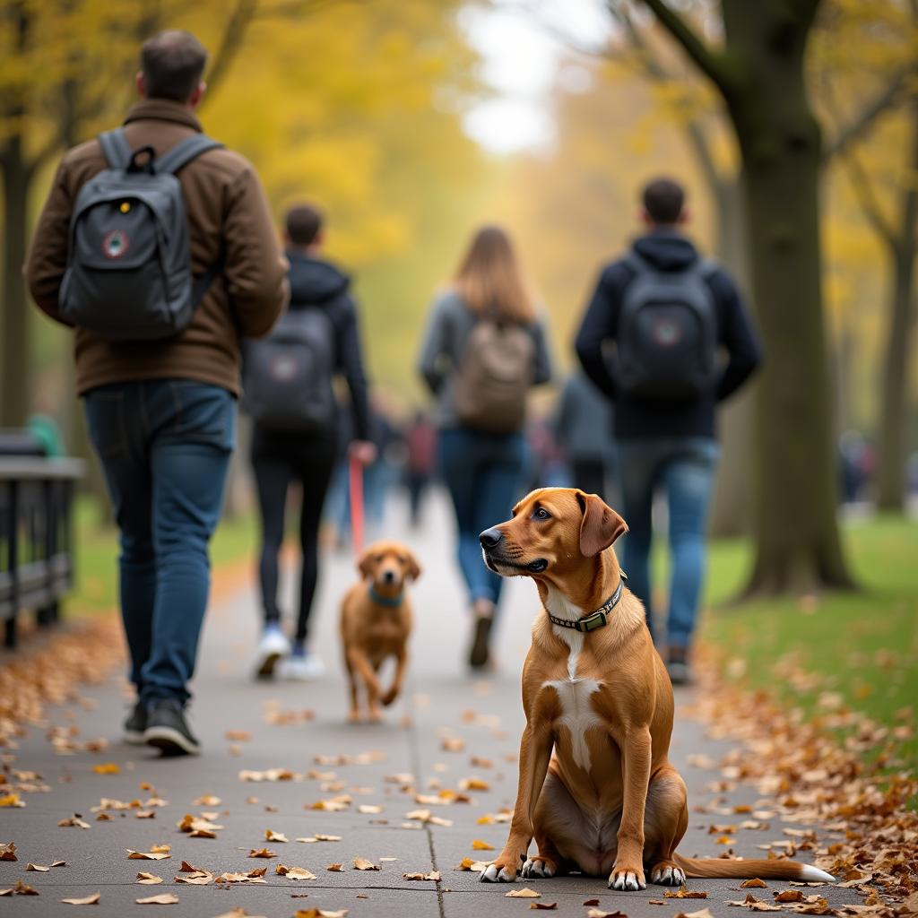 A well-behaved dog calmly sitting beside its owner while strangers walk by in a park, with a peaceful ambiance