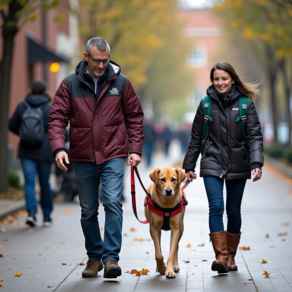 A service dog assisting a person with mobility issues, and another service animal guiding a visually impaired person