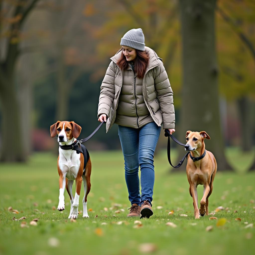 A busy owner walking with low-maintenance dog breeds like Beagle, Basset Hound, and Greyhound in a park