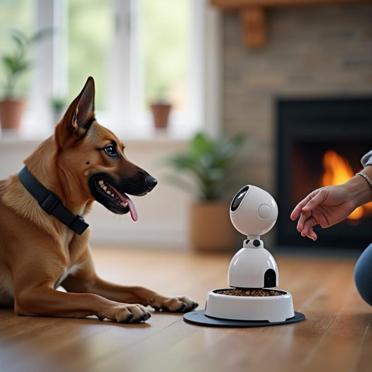 A tech-savvy dog owner using gadgets like smart feeders, GPS trackers, and pet cameras, with a dog happily interacting