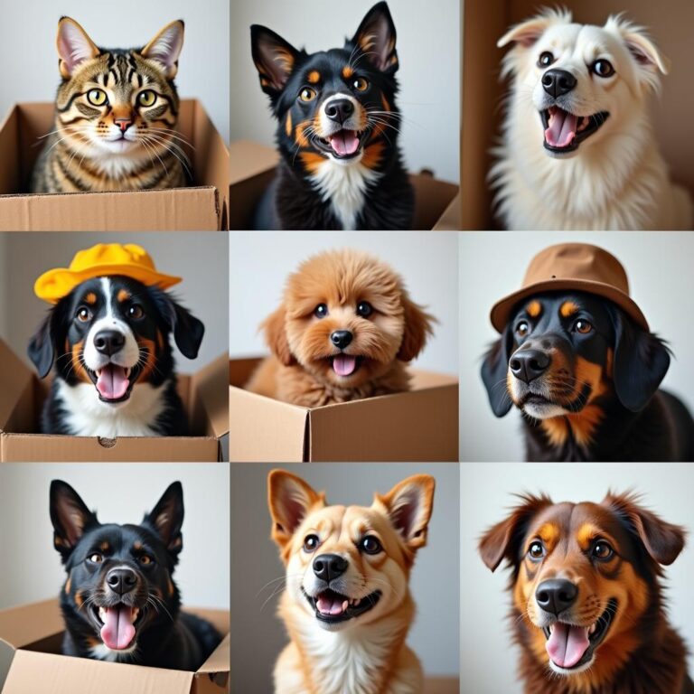 A collage of different pets in funny and awkward moments, with cats stuck in boxes and dogs wearing costumes