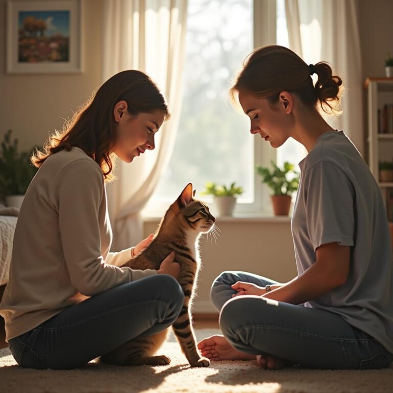 A peaceful home setting with an owner calming their anxious cat, showing positive behavior changes in response