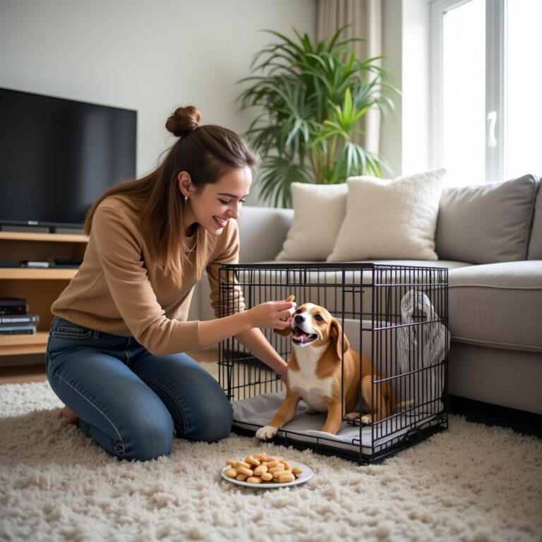 A new pet owner happily crate training their dog with treats and a cozy crate setup in a modern living room