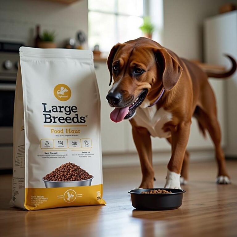 A large bag of dog food with "Large Breeds" written on it, alongside a happy, muscular dog eating from its bowl in a kitchen